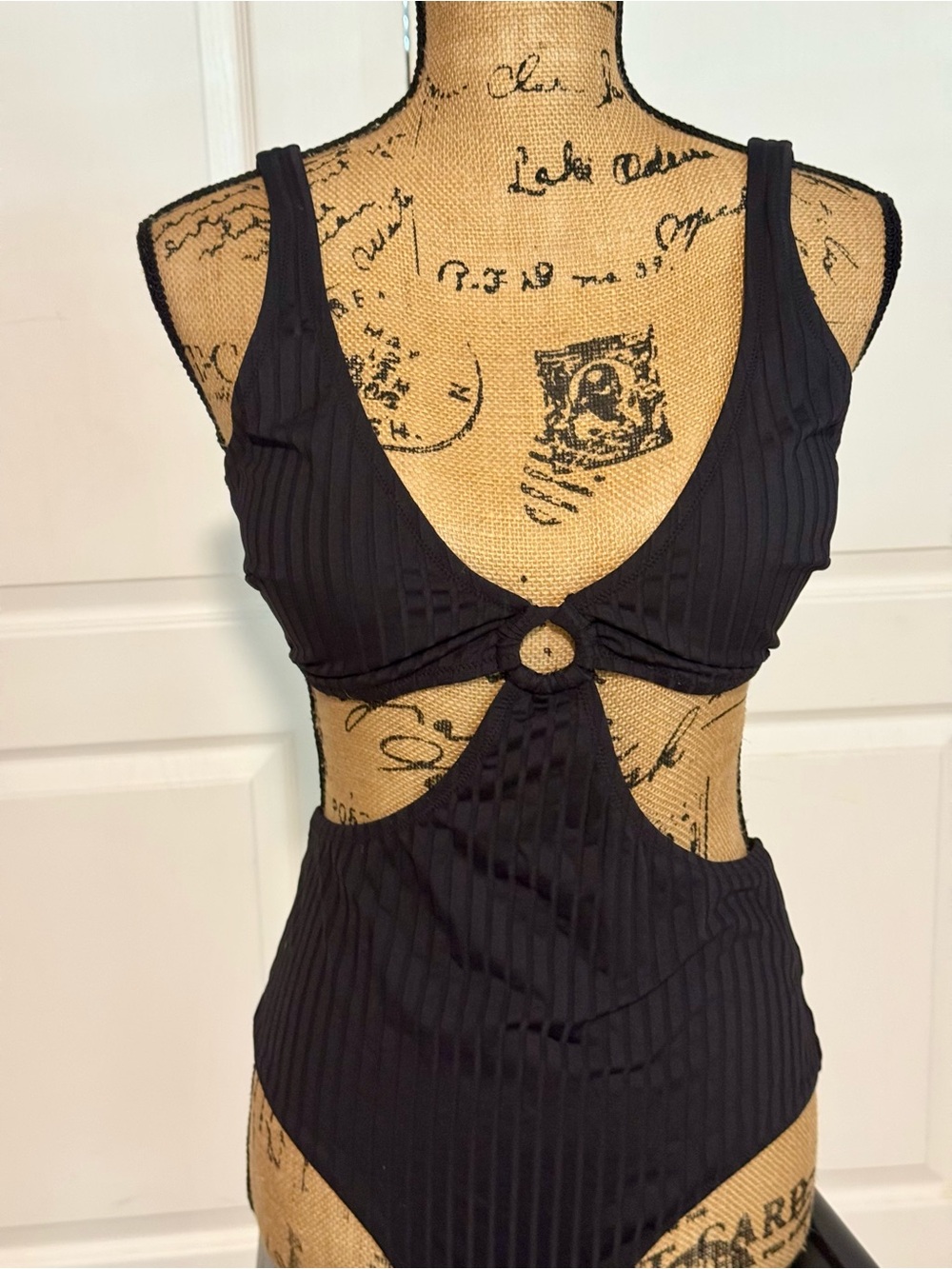 aerie Black Ribbed One-Piece Swimsuit with Front Ring Cutout